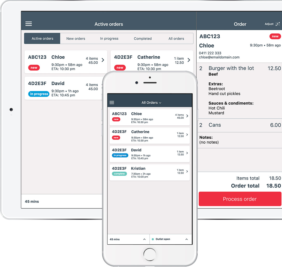 Online ordering management screen example