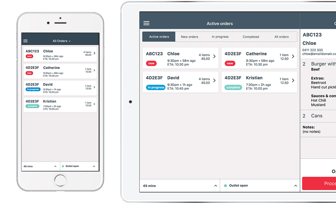 Online ordering management screen example
